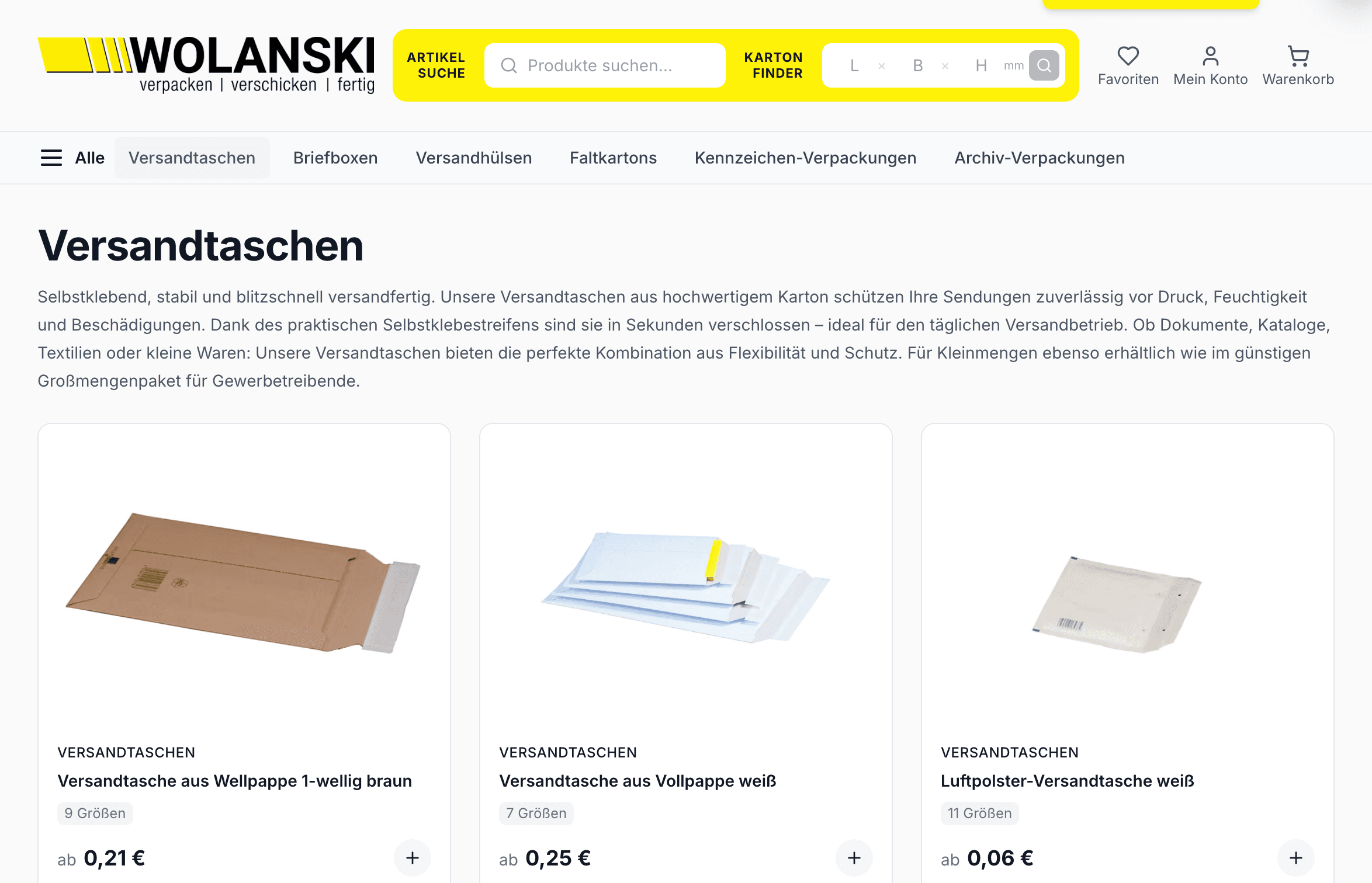 Kategorieseite Versandtaschen im Wolanski-Shop, mit Artikelsuche, Kartonfinder und Preisen