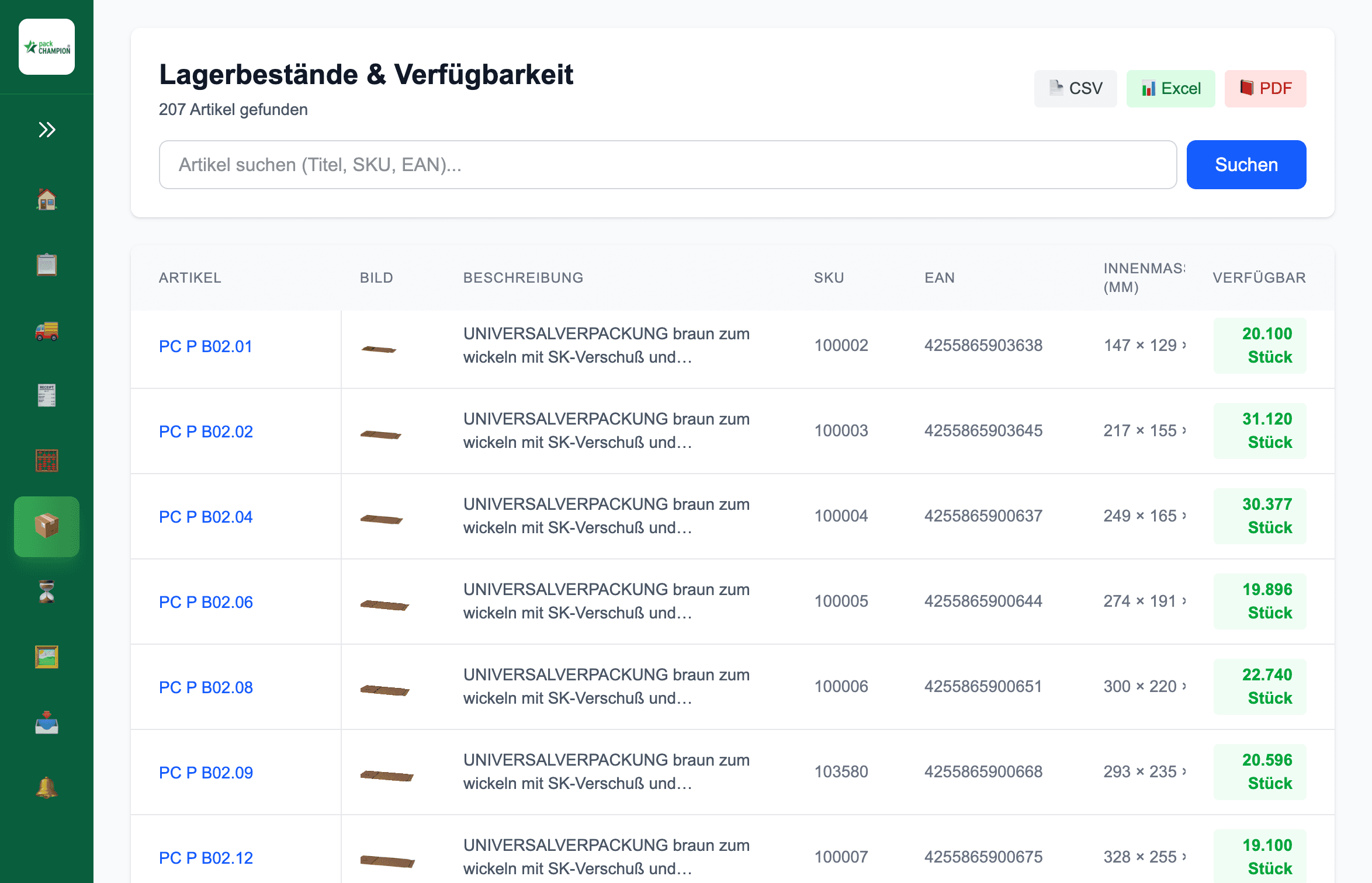 Lagerbestände im packCHAMPION-Kundenportal: Artikelliste mit SKU, EAN, Innenmaß und verfügbarer Menge