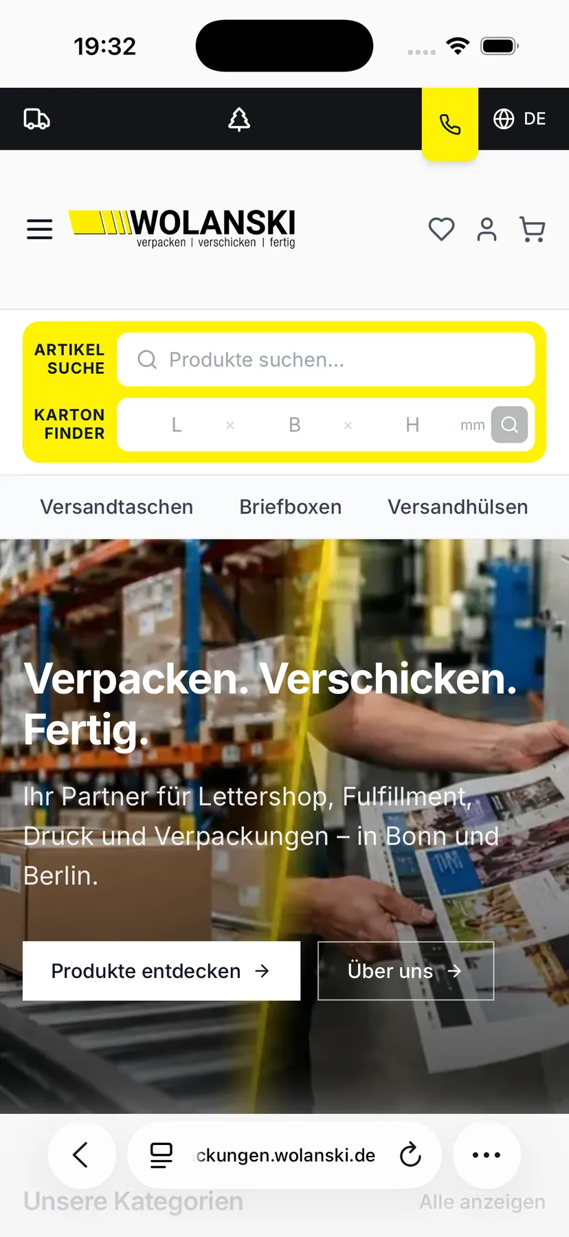 Startseite des Wolanski-Shops auf dem Telefon
